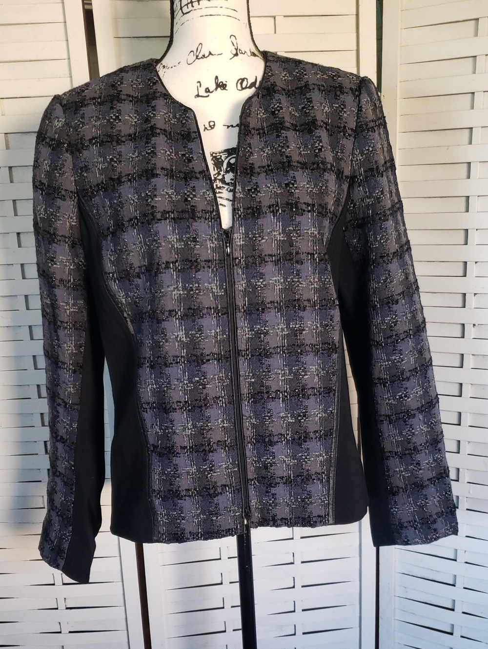 Lafayette 148 Tweed Textured Full Zip Blue/Gray And Metallic Threads Jacket 14